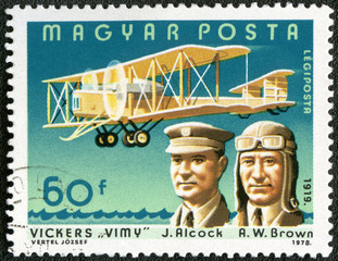 MONGOLIA - 1978: shows portrait of John Alcock and Arthur Brown, Vickers Vimy, 1919, series...