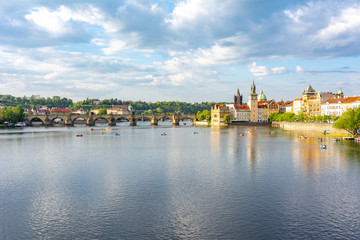 Naklejka premium Prague cityscape and Charles bridge over Vltava river, Czech Republic