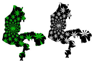 Naklejka premium Kebbi State (Subdivisions of Nigeria, Federated state of Nigeria) map is designed cannabis leaf green and black, Kebbi map made of marijuana (marihuana,THC) foliage....