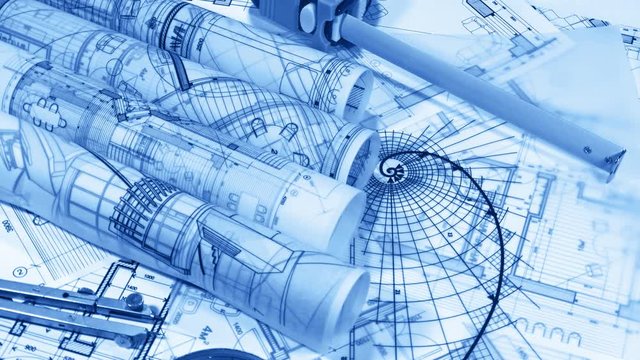 Blueprints - rolls of architectural drawings and drawing of the gold section smoothly rotate on the surface of the architectural plan of a modern house	