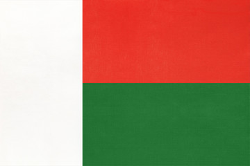 Madagascar national fabric flag textile background. Symbol of international world african country.