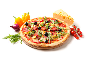 Tasty pizza and ingredients isolated on white background