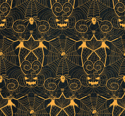 Halloween nightmare lace seamless pattern design with dancing skull skeletons, pumpkins, spirals and black widow spiders