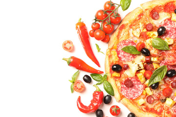 Delicious pizza and ingredients isolated on white background. Flat lay