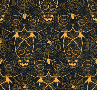 Halloween nightmare lace seamless pattern design with dancing skull skeletons, pumpkins, spirals and black widow spiders
