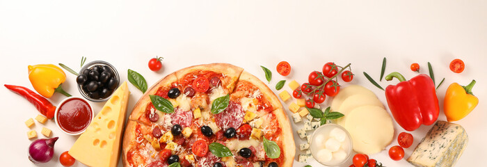 Flat lay. Pizza and ingredients: vegetables, cheese on white background, copy space - obrazy, fototapety, plakaty