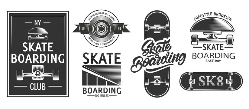 Skateboarding logos or emblems in monochrome style. Skateboard poster t-shirt design. Urban