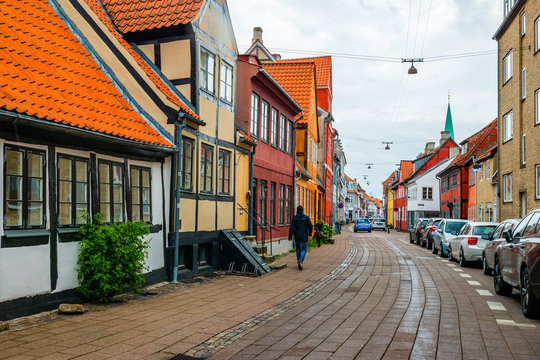 Street view with colorful buildings in Helsingor, Denmark