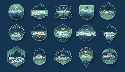  Adventure lettering set logos or emblems with gradient. Vintage logotype with mountains, bonfires and arrows. Vector signs for your design. - obrazy, fototapety, plakaty
