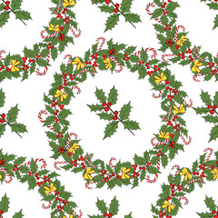 Vintage seamless pattern with vector holly pattern for paper design. Happy new year decoration. Vector graphic. Vector festive illustration. Holly berry christmas icon. Season greeting.