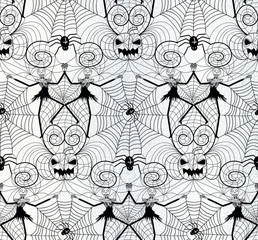 Halloween nightmare lace seamless pattern design with dancing skull skeletons, pumpkins, spirals and black widow spiders