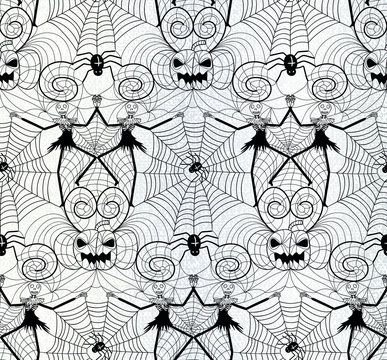 Halloween nightmare lace seamless pattern design with dancing skull skeletons, pumpkins, spirals and black widow spiders