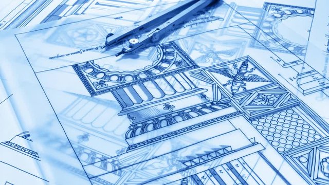 Blueprints - rolls of architectural drawings - detail column and compasses / seamless looping