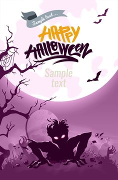 Happy Halloween vector illustration with zombie getting out from tomb. Halloween night poster with scary zombie, cemetery, moon, tree, bats.
