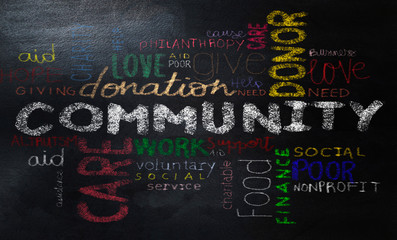 handwriting Community Word Cloud with colorful chalk 