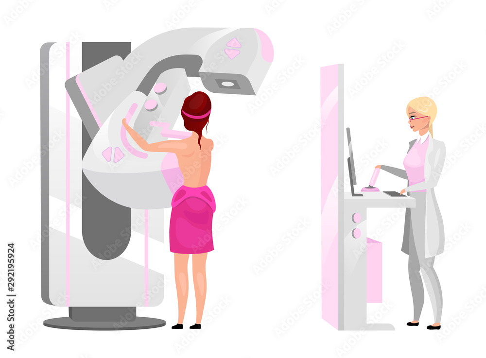 Wall mural Physician making mammography screening flat vector illustration. Woman scanning breast with X ray machine concept. Breast cancer diagnosing Female patient doing radiography procedure cartoon character