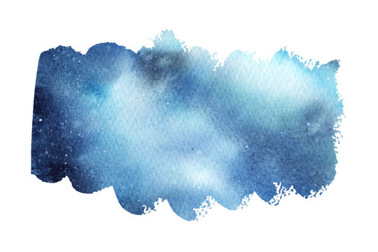 Hand Painted Abstract Watercolor Wet Blue Outer Space And Stars Background.