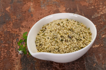 Peeled hemp seeds in the bowl