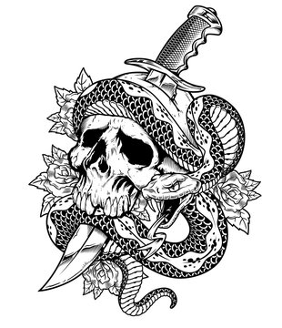 Skull with knife and snake isolated tattoo illustration
