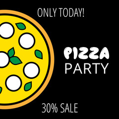 Social media banner with tasty pizza on the black background. Poster template with 30% sale for restaurant, pizzeria, cafe, bakery. Vector illustration