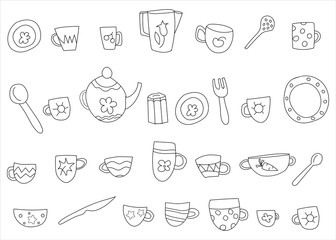Hand-drawn black and white vector illustration of tableware,  kitchenware. Page of coloring book for child development and fun.