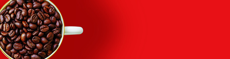 Website header or banner design cup of coffee with beans on red background