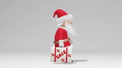 Santa Claus carries a suitcase with the words "Sale". Christmas sale concept. Merry Christmas and Happy New Year 2020 animation. With alpha channel. Seamless loop.