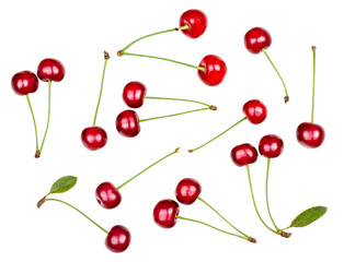 Cherry fruits isolated on white background. Top view.