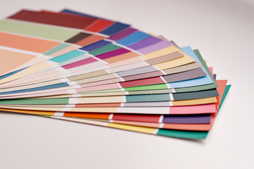 Color palette with various samples. Light background. Paint selection cards, close-up.