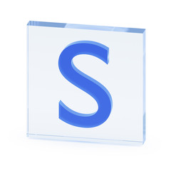 Clear transparent glass or plexiglass display with color capital letter S inside on white background, 3D rendered image