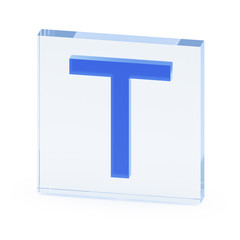 Clear transparent glass or plexiglass display with color capital letter T inside on white background, 3D rendered image