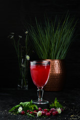 Fresh Morse of Cranberry Berries In a glass. Top view. On a black background.