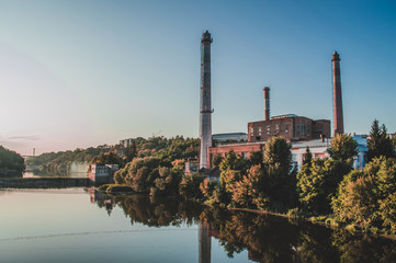 Landscape of river and building with towers