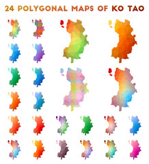 Set of vector polygonal maps of Ko Tao. Bright gradient map of island in low poly style. Multicolored Ko Tao map in geometric style for your infographics.