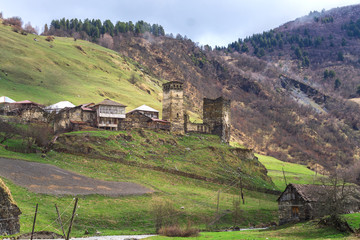 Ushguli village against the snow-capped peaks in the backdrop, Svaneti, Georgia - 292205380