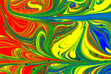 Fototapeta na wymiar Multicolored abstract background pattern created with red, yellow, blue and green liquid paint swirls