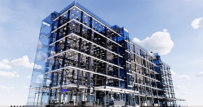 Timelapse visualization of a BIM model of an office building with transparent walls	