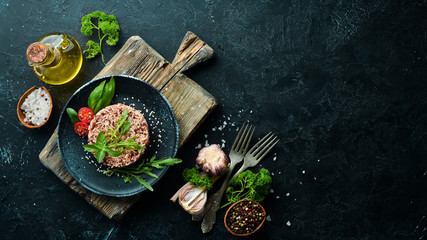 Boiled wild rice with arugula. Dishes menu. Free copy space. Top view.