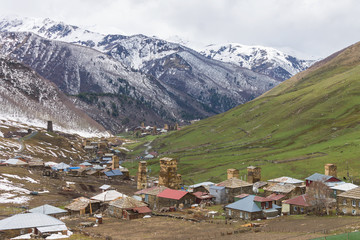 Ushguli village against the snow-capped peaks in the backdrop, Svaneti, Georgia - 292205920