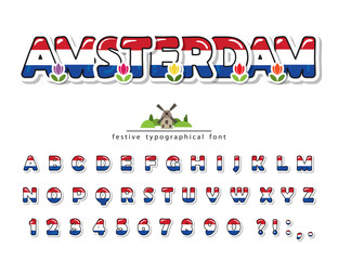 Amsterdam cartoon creative font. Netherlands national flag colors. Paper cutout glossy ABC letters and numbers. Bright alphabet for tourism design. Vector