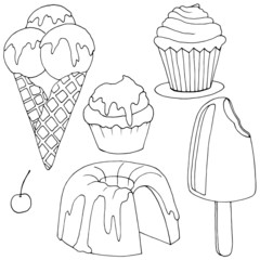  set of sweets, a cupcake with cream, a cake, ice cream, drawings in black and white