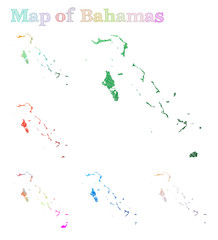 Fototapeta na wymiar Hand-drawn map of Bahamas. Colorful country shape. Sketchy Bahamas maps collection. Vector illustration.