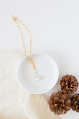 Large Pearl Pendent on Gold Chain Displayed on Tray
