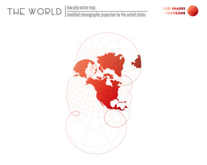 Low poly world map. Modified stereographic projection for the United States of the world. Red Shades colored polygons. Neat vector illustration.