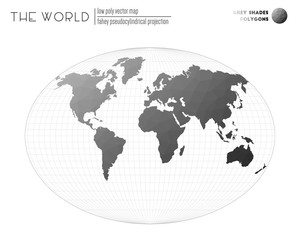 Abstract geometric world map. Fahey pseudocylindrical projection of the world. Grey Shades colored polygons. Modern vector illustration.