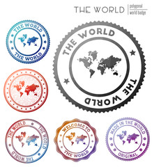 The World badge. Colorful polygonal world symbol. Multicolored geometric The World logos set. Vector illustration.