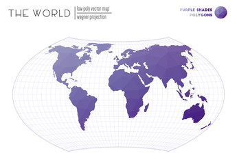 Low poly design of the world. Wagner projection of the world. Purple Shades colored polygons. Energetic vector illustration.