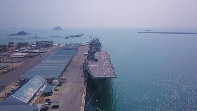 Aerial video of war ship in Sattahip naval base, Thailand