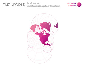 Polygonal map of the world. Modified stereographic projection of the world. Red-purple colored polygons. Elegant vector illustration.