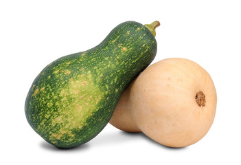 Two small green and yellow ripe pumpkins isolated on white background.